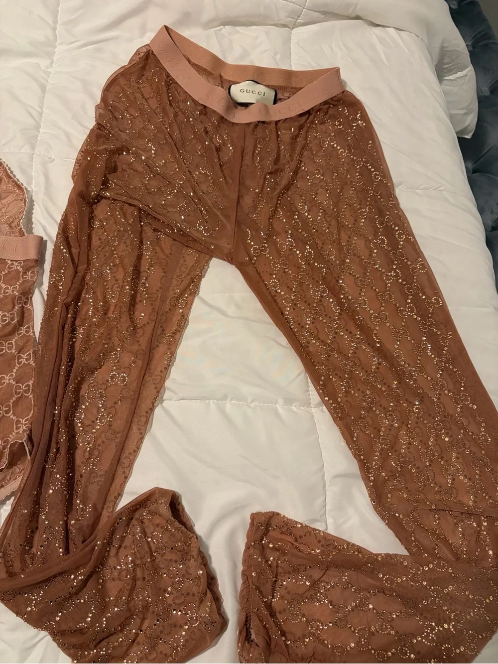 Gucci Sheer Lace Two-Piece Chemise Set in Dusty Brown